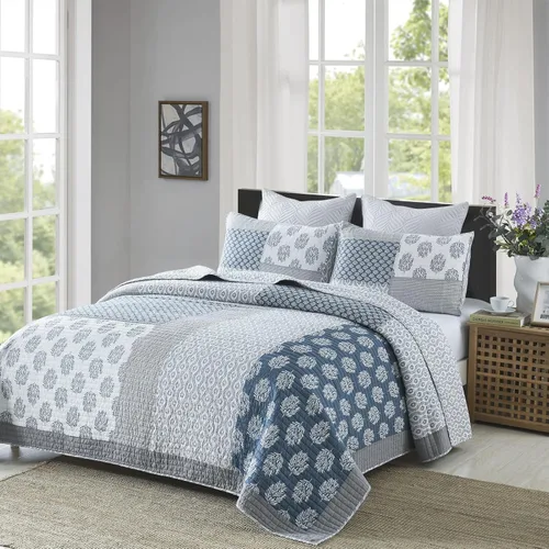 Vista 2 de KALOOLA - Juego de ropa de cama con colcha acolchada de retazos tamaño queen, 100% algodón, colcha ligera con 2 fundas de almohada, colcha