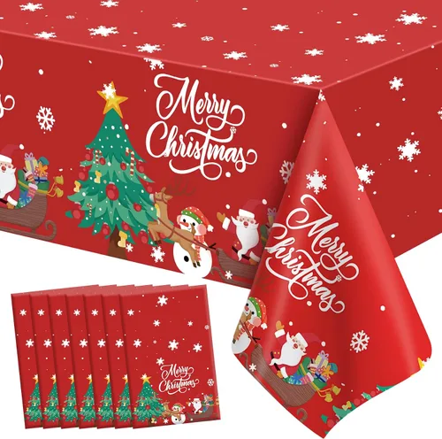 Vista 13 de Mantel de Navidad, 2 piezas de mantel desechable de plástico rojo, mantel de 54 x 108 pulgadas para decoraciones de Navidad, mantel de árbol