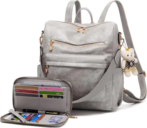 Vista 17 de Soperwillton Bolso de mochila para mujer. Bolsos de mano con diseño multiusos. Bolsa de hombro de cuero sintético. Bolsa de viaje. Juego de 2