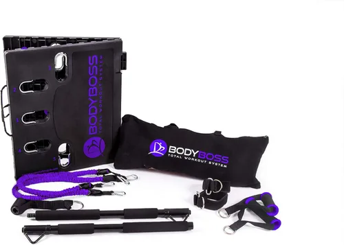 Vista 2 de BodyBoss 2.0 – Paquete de entrenamiento portátil completo para gimnasio en casa + bandas de resistencia – Barra de resistencia plegable, asas