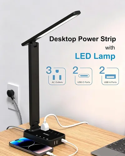 Vista 2 de One Beat Pequeña lámpara LED de escritorio, cable de extensión de 5 pies con 3 tomas, 4 puertos USB (2 USB C), 4 modos, lámpara táctil de 5 niveles