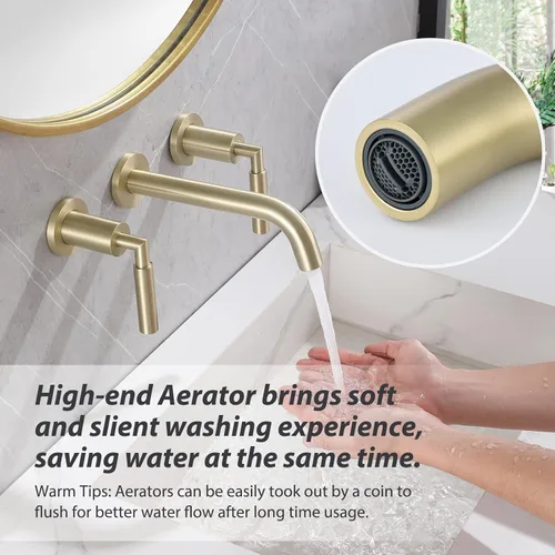 Vista 7 de RBROHANT RB0736D - Grifo de montaje en pared dorado con drenaje desplegable para fregadero sin desbordamiento, grifo de fregadero de baño de doble