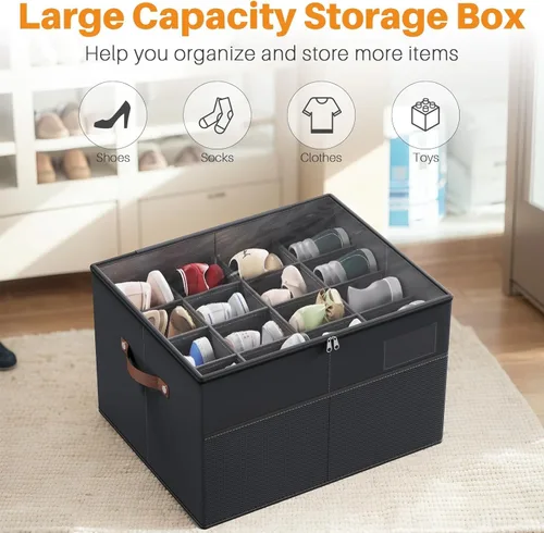 Vista 6 de RENVA 12 Pairs Shoe Organizer for Closet, Foldable Shoe Storage Bins with Clear Cover, Large Shoe Box Storage Container with two sides PU handles