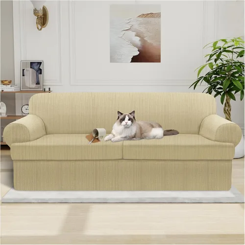 Vista 20 de Funda impermeable para silla con brazos, juego de 2 piezas, funda a rayas para 1 sofá separado con cojín en T, fundas de sillón de tela