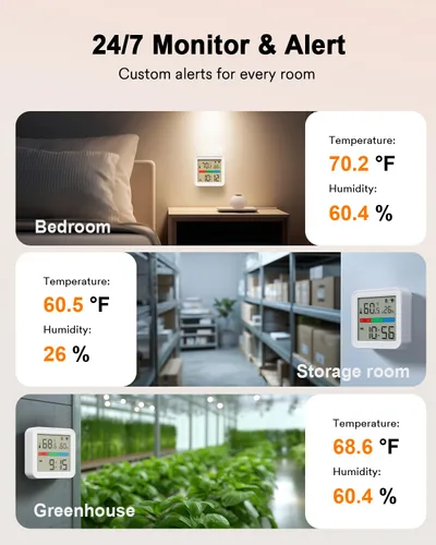 Vista 7 de Lumary Termómetro inteligente higrómetro, WiFi y Bluetooth sensor de humedad de temperatura interior con alerta de aplicación, pantalla LED