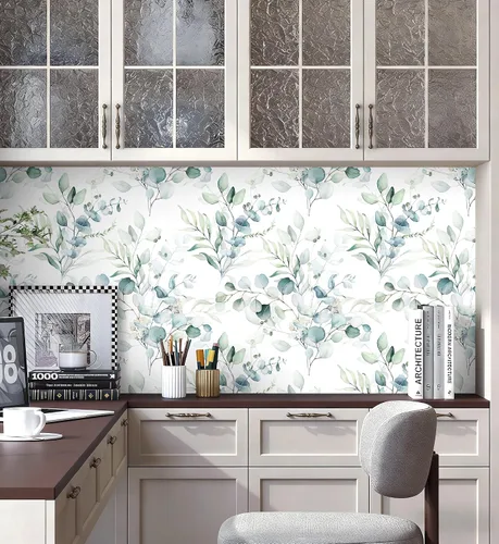 Vista 5 de Floralplus Papel tapiz autoadhesivo de hojas de eucalipto bohemio para baño, apto para inquilinos, papel tapiz extraíble, papel adhesivo adhesivo
