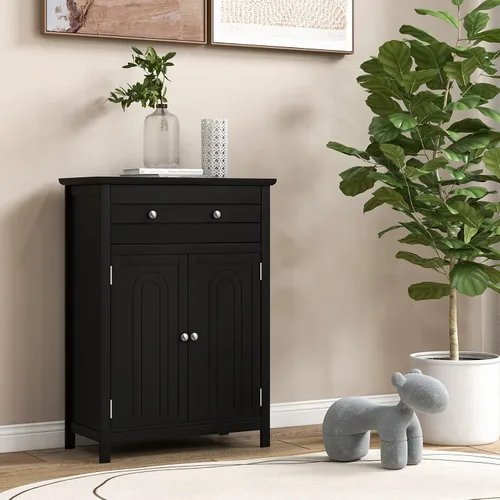 Vista 2 de Giantex Armario de almacenamiento de baño con cajón, armario de piso con puertas, estante ajustable, organizador de almacenamiento para entrada
