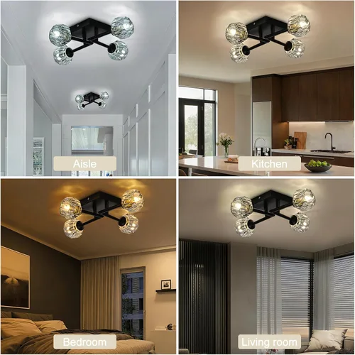 Vista 2 de Sputnik - Lámpara de techo semiempotrada de cristal negro de 4 luces, lámpara industrial para cocina, dormitorio, sala de estar, pasillo, bombilla