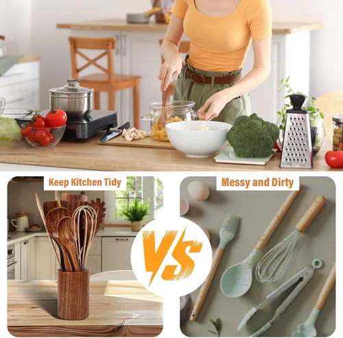 Vista 6 de Juego de utensilios de cocina de madera, cucharas de madera de teca resistentes al calor para cocinar (9 piezas con soporte)