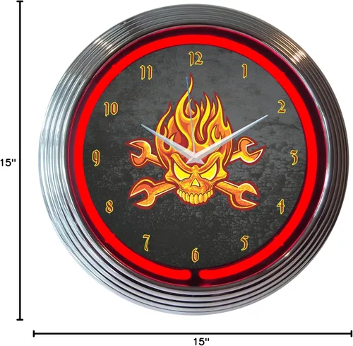 Vista 2 de Neonetics Mechanic Fire Skull and Wrenches - Reloj de pared de neón, 15 pulgadas