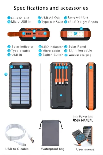 Vista 8 de Banco de Energía Cargador Solar 49800mAh, Carga Inalámbrica Portátil para Teléfono con 4 Cables Incorporados Carga Rápida 22.5W, Puerto