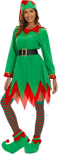Vista 2 de Higen Disfraz de elfo para mujer, juego completo de 5 piezas, traje verde élfico de Navidad, traje divertido para adultos, vacaciones, fiesta
