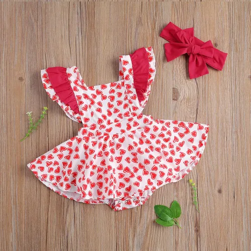 Vista 3 de Mono para bebé niña de San Valentín con mangas sin espalda y estampado de corazón con diadema