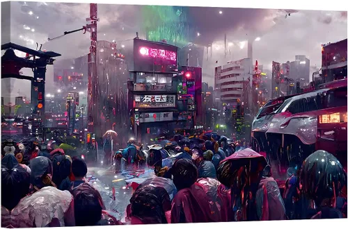 Vista 12 de LSIUHWUWI Future City Concept - Cuadro decorativo moderno para pared, impresión sobre lienzo Cyberpunk City Neon Streetview por la noche