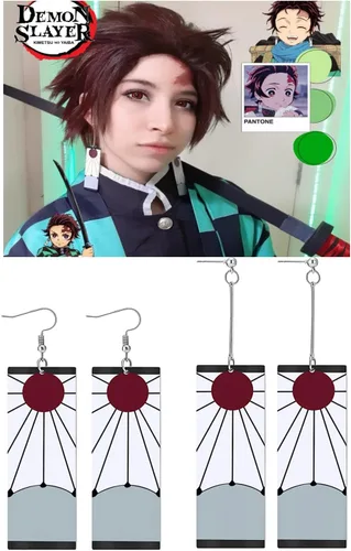 Vista 2 de Tanjiro - Pendientes de anime Demon Slayer Tanjiro Cosplay aretes de clip Kimetsu No Yaiba Hanafuda Halloween para hombres y mujeres