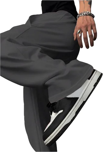 Vista 3 de OYOANGLE Pantalones deportivos holgados con cordón y cintura elástica Y2K para hombre, pantalones largos sueltos de pierna ancha con bolsillo