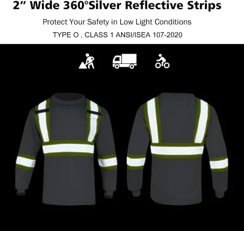 Vista 6 de VENDACE Camiseta de trabajo de seguridad de alta visibilidad para hombre, ANSI Clase 1, camisa reflectante de manga larga con bolsillo (gris, S)