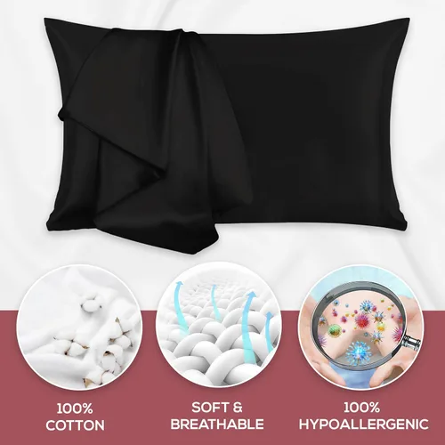 Vista 3 de Superity Linen Fundas de almohada de tamaño estándar, paquete de 2 unidades, 100% algodón suave y cómodo, color negro