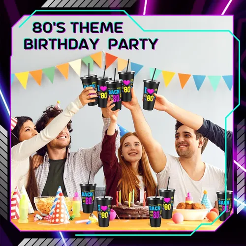 Vista 6 de Uiifan 12 vasos de plástico reutilizables de 24 onzas con tapa y popote para fiestas de los años 80, para decoración de fiestas de los 80