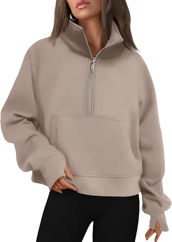 Vista 36 de AUTOMET Sudaderas con media cremallera para mujer, sudadera corta de vellón con cremallera de un cuarto, sudaderas con capucha para el otoño, a