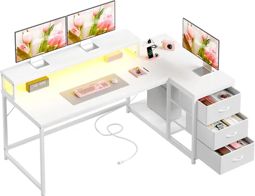 Vista 17 de EnHomee Escritorio para juegos en forma de L con luces LED y toma de corriente, escritorio de computadora de 40 pulgadas con cajones, escritorio