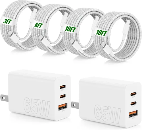 Vista 22 de USB C de carga súper rápida de 65 W para iPhone 17 16 Pro Max, bloque de carga USB C de 3 puertos de 100 W y cable trenzado tipo C de 3/6/6/10 pies