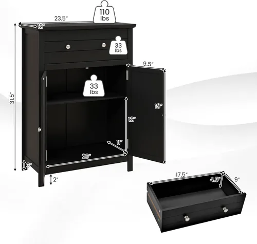 Vista 3 de COSTWAY Armario de suelo de baño, organizador de almacenamiento lateral de madera con cajón más grande, estante ajustable y armario de 2 puertas
