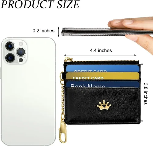 Vista 2 de URAQT Cartera para tarjetas de crédito, cartera minimalista de cuero delgado con cremallera, mini protector de tarjeta de crédito, llavero bolsillo