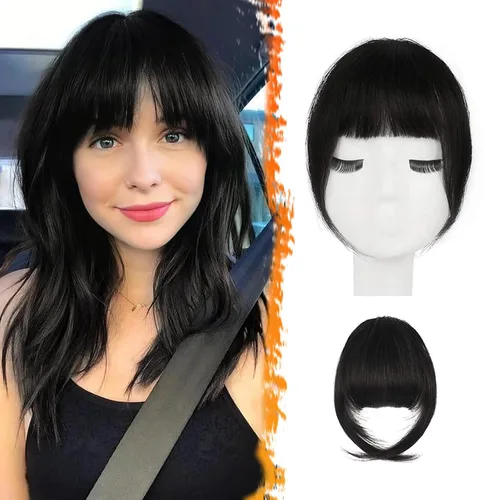 Vista 31 de BARSDAR Flequillo postizo de pelo humano real - Flequillo postizo 100% pelo humano para mujeres - Extensiones de flequillo ondulado castaño rojizo