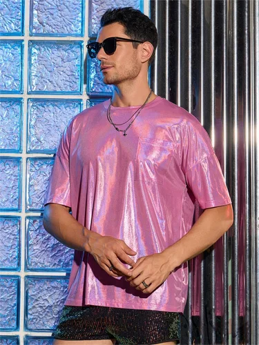 Vista 6 de WDIRARA Camiseta holográfica para hombre, manga corta, cuello redondo, brillante, para fiesta, club, camiseta sin mangas
