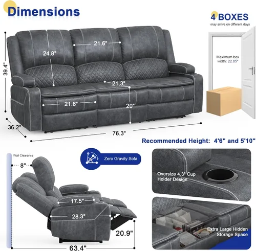 Vista 2 de Sofá reclinable de 3 plazas, sofá reclinable con consola elevable (terciopelo, gris)