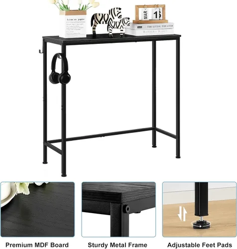 Vista 4 de Mesa de entrada estrecha negra moderna – Mesa de sofá delgada con ganchos para sala de estar, vestíbulo, dormitorio, pasillo, oficina