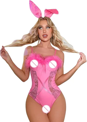 Vista 5 de Conjunto de lencería sexy de encaje floral para mujer, body erótico transparente
