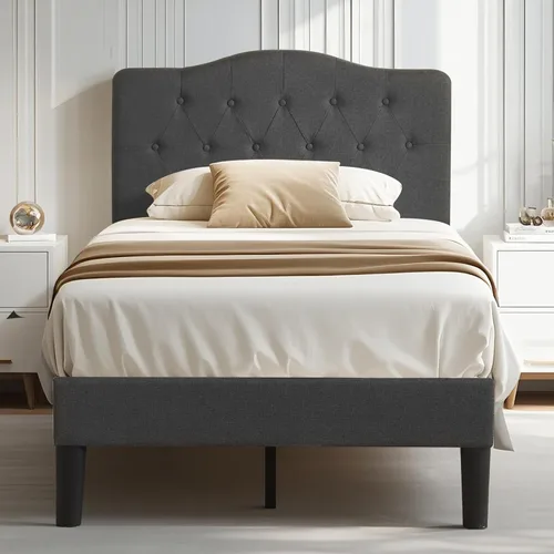 Vista 9 de VECELO Base de cama de plataforma de tamaño individual con cabecera tapizada de tela y soporte de listones de madera, no necesita somier/fácil Beige