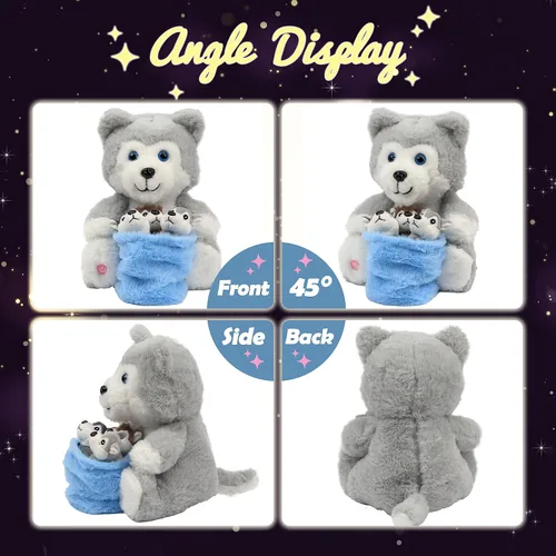 Vista 3 de Hopearl Husky de peluche LED con cubo extraíble que ilumina tu mamá y perro con 3 cachorros en la cesta, juego de animales de peluche disquetes