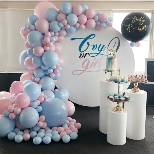 Vista 3 de Kit de arco de globos rosa y azul, kit de guirnalda de 100 globos azul claro rosa macarrón para revelación de género, globos de diferentes tamaños