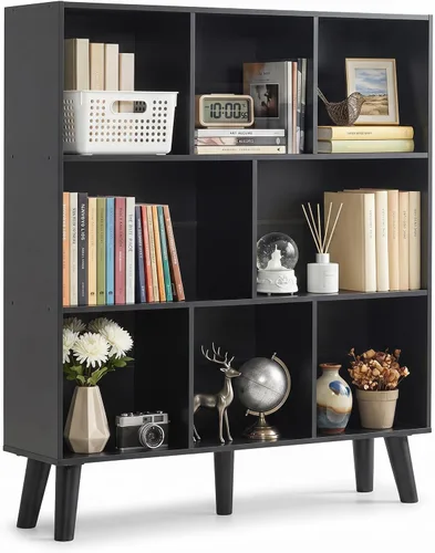 Vista 12 de YAHARBO Estantería de 2 cubos, soporte para tocadiscos negro con almacenamiento de vinilo de hasta 100 álbumes, estante horizontal para libros