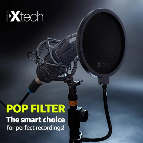 Vista 4 de Ixtech Filtro pop para micrófono, filtro pop Blue Yeti, pantalla de doble capa con un clip flexible de cuello de cisne de 360 grados