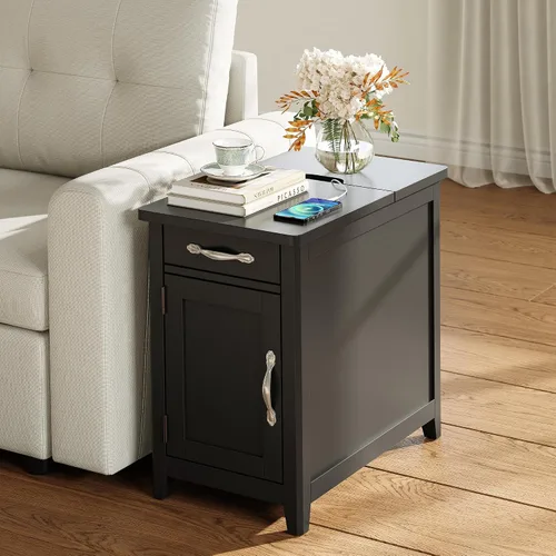 Vista 2 de LINSY HOME Mesa auxiliar de granja con estación de carga, mesa auxiliar estrecha para sala de estar, mesa auxiliar de sofá con cajón y armario