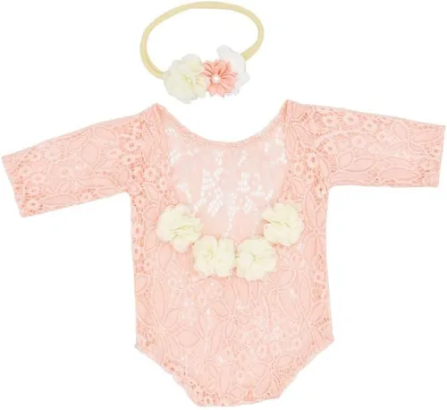 Vista 4 de Vemonllas Accesorios de fotografía para recién nacidos, diadema floral y parte trasera abierta, trajes de accesorios para fotos