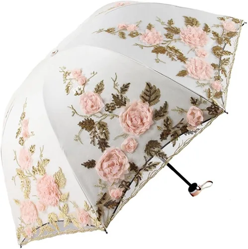 Vista 75 de Honeystore Sombrilla bordada con flor 3D plegable UV con encaje clásico