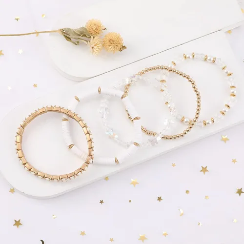 Vista 3 de Pulseras de cuentas de arcilla, pulseras de cristal con cuentas de varias capas, bohemio, blanco y rosa, juego de pulseras para mujer
