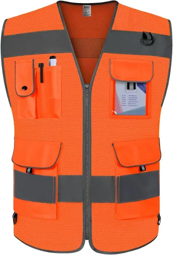 Vista 6 de TCCFCCT Chaleco de seguridad de malla para hombres y mujeres, chaleco de seguridad reflectante de alta visibilidad con 9 bolsillos, chaleco