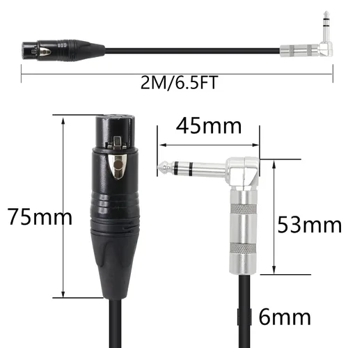 Vista 5 de Cable de 1/4 a XLR de 90 grados en ángulo recto de 0.250 in TRS macho a conector XLR hembra Cable de micrófono estéreo de audio para altavoces
