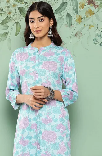 Vista 6 de Janasya Conjunto de coords con estampado digital de crepé azul cielo para mujer india
