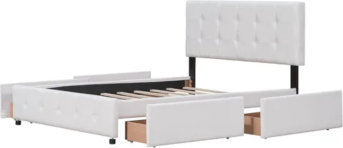 Vista 5 de Bellemave Cama Queen con 4 cajones de almacenamiento, base de cama tapizada con cabecera capitoné con botones, soporte de listones de madera, camas