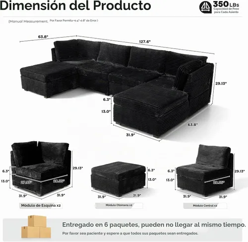 Vista 2 de Ovios - Sofá modular con diván en forma de U y otomanas, cómodo y mullido, tapizado en pana estilo nube, moderno, asiento profundo, juego de sofás