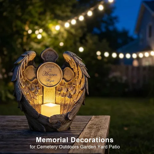 Vista 8 de Estatua conmemorativa de alas de ángel de 12 pulgadas con cruz y vela LED, regalo de condolencia por duelo, decoración de figura de jardín