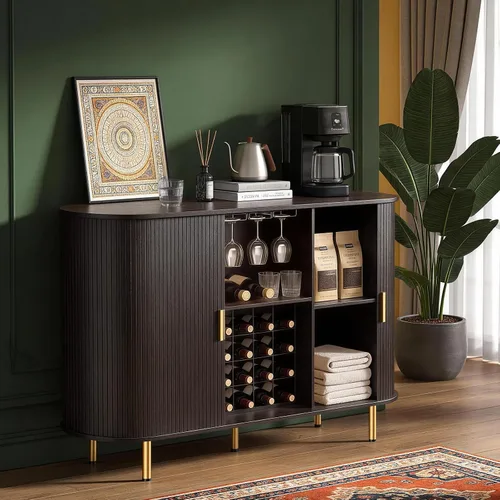 Vista 3 de DHH Gabinete de bar de vino de 55 pulgadas con almacenamiento, licor estriado y barra de café con estante para vino y soporte para vidrio, aparador