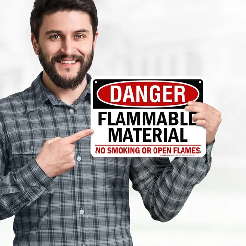 Vista 2 de Cartel de peligro de material inflamable No Smoking or Open Flames, 7 x 10 pulgadas, libre de óxido, aluminio 040, resistente a la decoloración